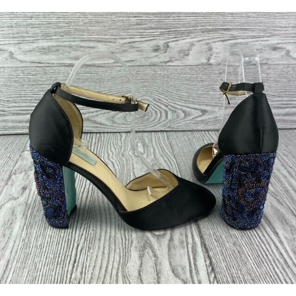 Blue by Betsey Johnson Embellished Black Silk Strap Block Heel Sybil Women's 8.5